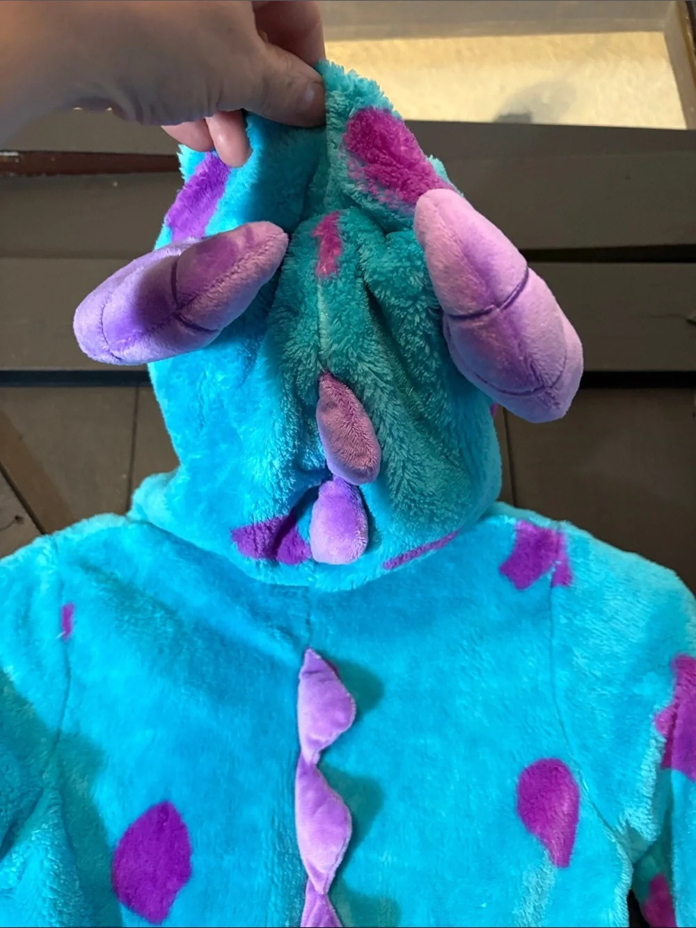 Kids Plush Monster Inc One Piece Hoodie Costume in Teal with Pink Spots
